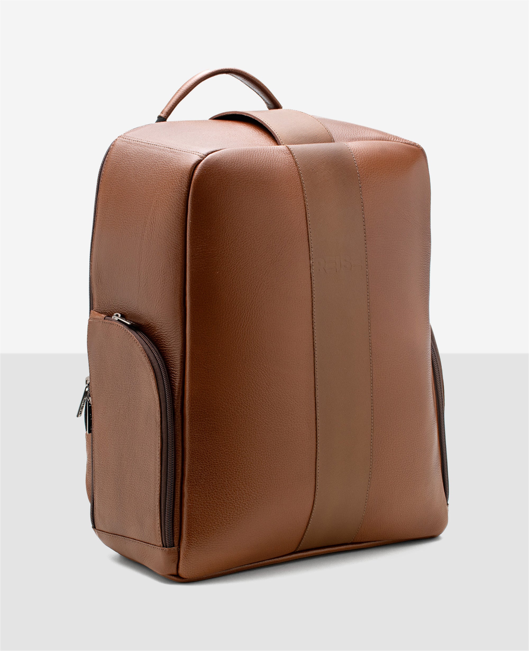 Mochila de Couro Marrom Stuttgart Vista lateral Esqueda